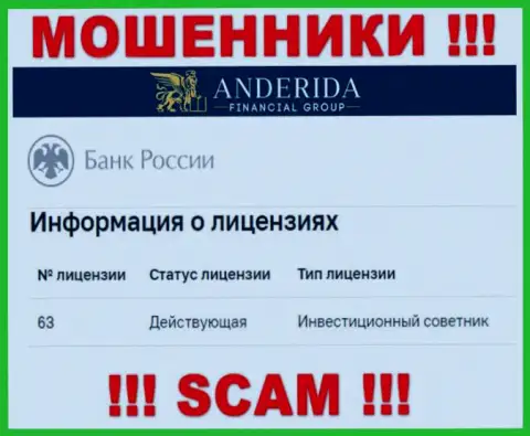 Anderida Group заявляют, что имеют лицензию на осуществление деятельности от Центрального Банка России (сведения с информационного портала мошенников)