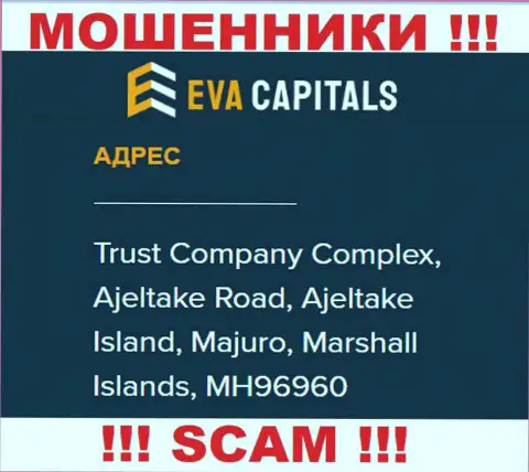 На портале EvaCapitals Com расположен офшорный адрес компании - Комплекс трастовой компании, Аджелтейк Роад, Аджелтейк Исланд, Маджуро, Маршалловы острова, MH96960, осторожнее - это воры