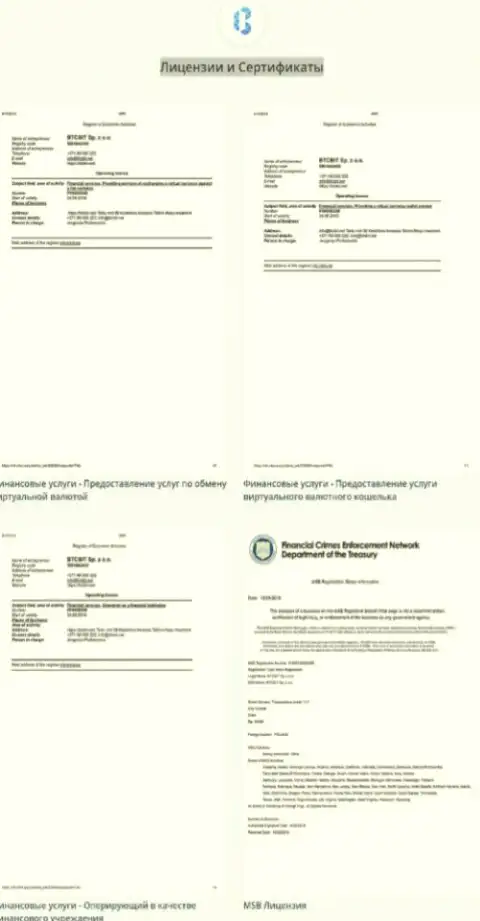 Лицензионные документы, а также сертификаты обменного online пункта BTCBit