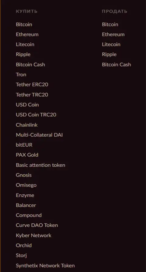 Список цифровых валют для совершения сделок в онлайн обменке БТК Бит